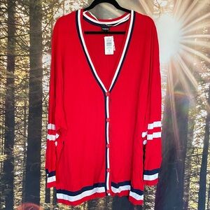 Torrid Red Sweater with White and Navy Details